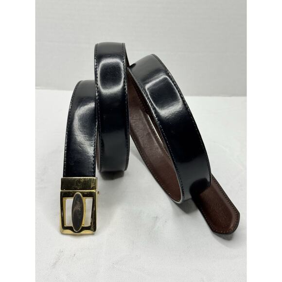 Vintage Men's Size 44 Leather Belt Reversible Black Brown Gold Buckle - Picture 1 of 10